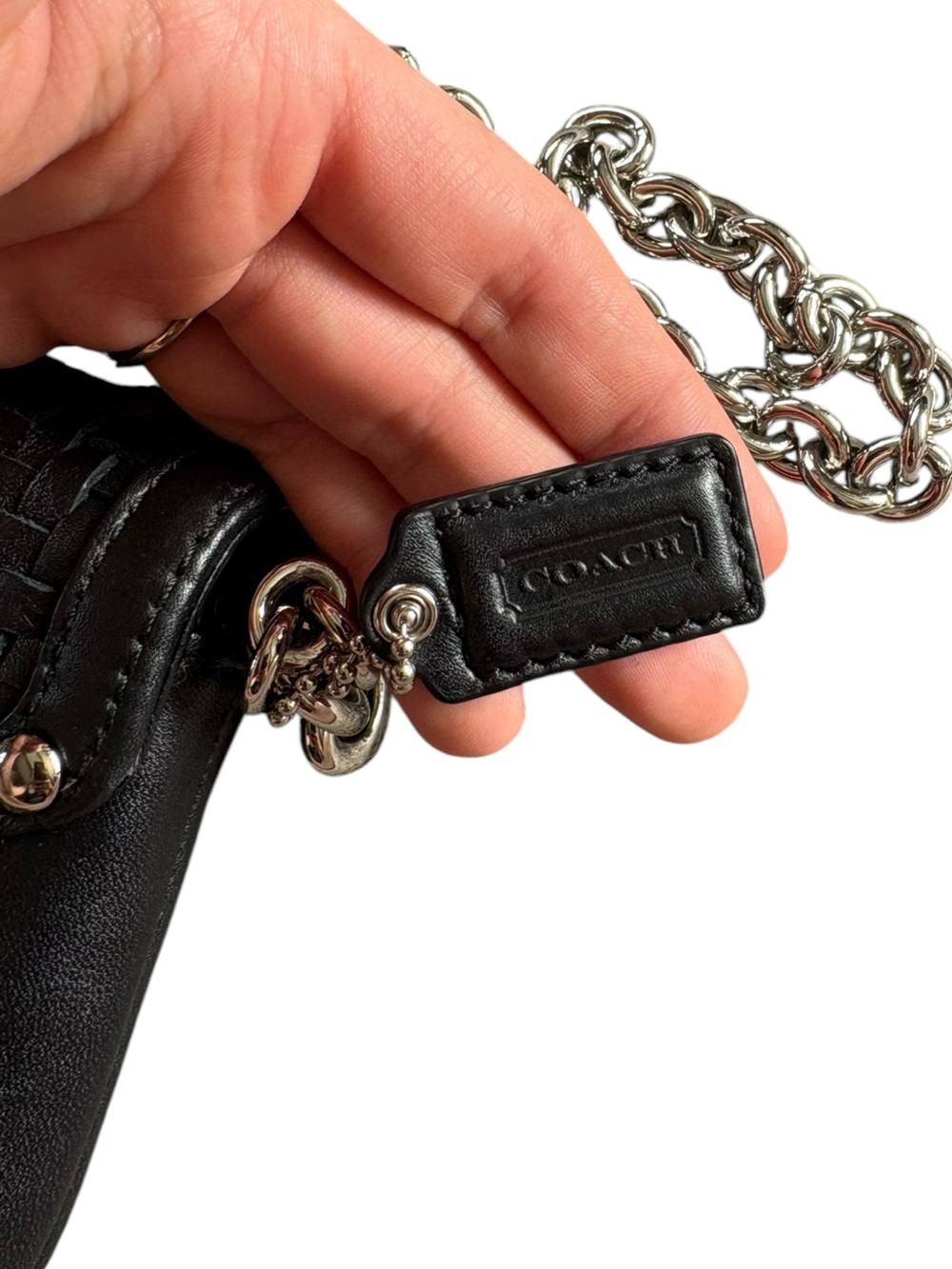 Coach Black Woven Leather Wristlet Clutch Wallet Chain Strap - Picture 8 of 10